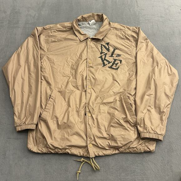 Nike Pullover Windbreaker Jacket Mens Medium Beige Full Zip Big Swoosh Logo - Picture 1 of 6